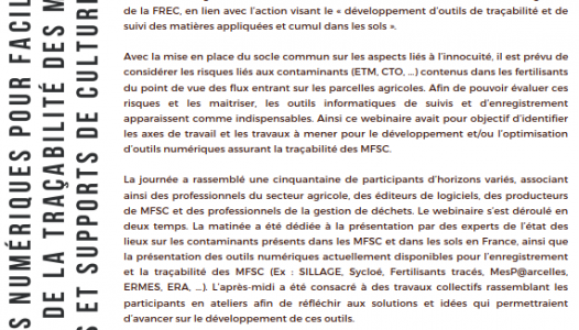 Synthèse du Webinaire du 03 novembre 2021 « Quels besoins en outils numériques pour faciliter la mise en œuvre de la traçabilité des matières fertilisantes et supports de culture (MFSC) ? »